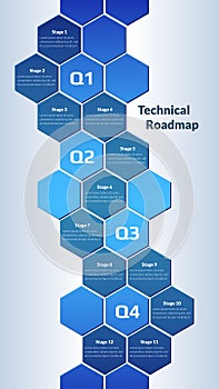 Vertical roadmap with honeycombs on light background. Timeline infographic template for business presentation. Vector