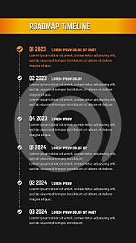 Vertical roadmap milestones on black background. Timeline infographic template for business presentation. Vector