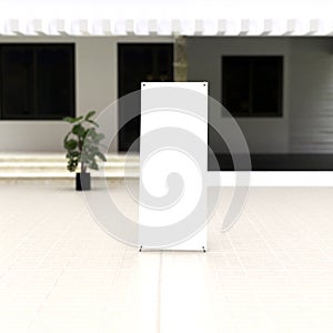 vertical roll up banner 3d realistic mockup. empty x stand for communication, exhibition, display advertisement. modern backdrop