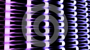 Vertical rows of neon gradient wide stripes isolated on a black background. Design. Abstract lattice flowing slowly from