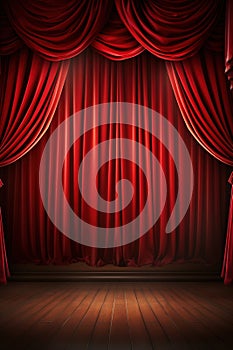 vertical scene background, red curtain on stage of theater or cinema slightly ajar