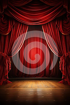 vertical scene background, red curtain on stage of theater or cinema slightly ajar