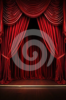 vertical scene background, red curtain on stage of theater or cinema slightly ajar