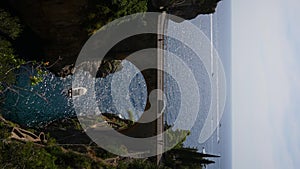 Vertical scenery view of Fjord Furore Bridge and Mediterranean sea, unusual beautiful hidden place in province of