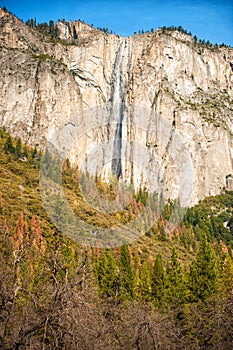 Vertical scenic landscape with waterfall and rocks in Yosemite valley, Yosemite national park, California, USA. Travel tourism