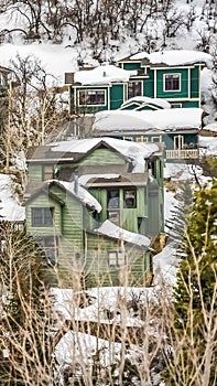 Vertical Scenic winter landscape with colorful houses built on the snowy mountain slope