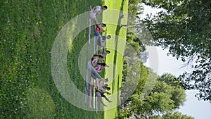 Vertical Screen: Diverse group sitting and balancing in Boat pose in sunny park