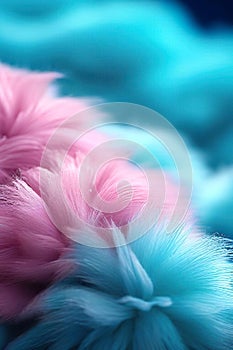 Vertical seamless abstract background of pink and blue fur. Airy texture with bokeh effect. Close up