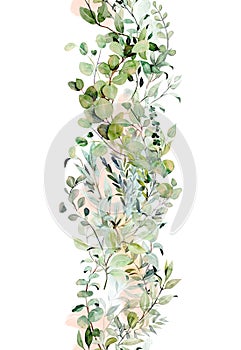 Vertical seamless border of watercolor greenery and eucalyptus branches