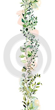 Vertical seamless border of watercolor greenery and eucalyptus branches