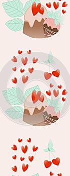 Vertical seamless with chocolate cakes, leaves and hearts