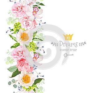 Vertical seamless line garland with camellia, rose, peony, orchid, carnation, hydrangea, green leaves and blue berries