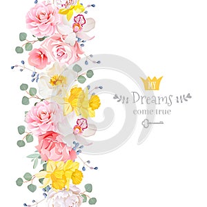 Vertical seamless line garland with camellia, wild rose, peony, orchid, carnation, narcissus, eucaliptus leaves and blue berries.