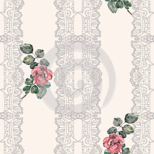 Vertical seamless pattern with lace and flowers.