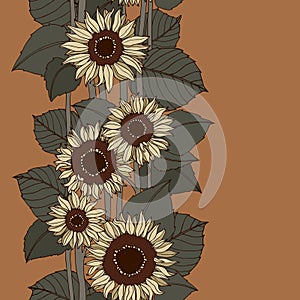 Vertical seamless pattern of sunflowers.