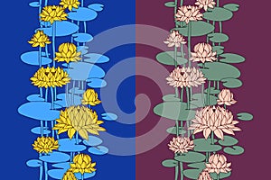 Vertical seamless pattern, water lily flowers and leaves, for ornaments, decorative frames and borders