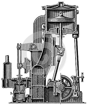 Vertical section across the crankshaft. Ship engine triple expansion engine.