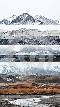 Vertical segmented images showcasing abstract landscapes and environments featuring mountains, snow, lakes, grass, and dirt,