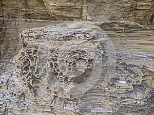 Vertical shore from sandy rocks near the sea