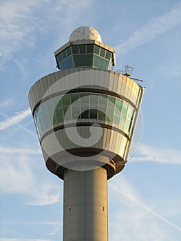 Vertical shot of air traffic control tower in Amsterdam Schiphol airport