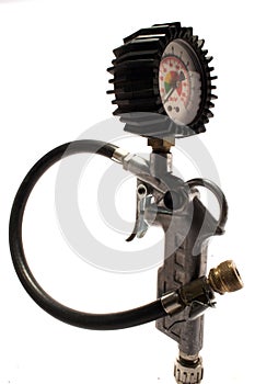 Vertical shot of an air tyre inflator with gauge under the lights isolated on a white background
