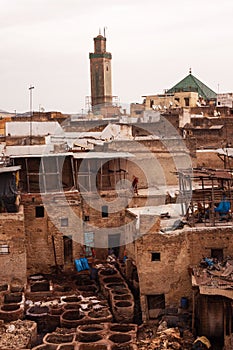 Vertical shot of the ancient medieval Chouara Tannery in the Fez city, Morocco