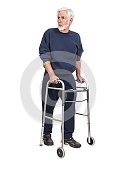 Apprehensive Old Man With Walker Looking Behind Isolated On White photo