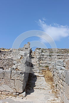 Vertical shot of the archaeological site of Ancient Thera in Santorini Island, Greece