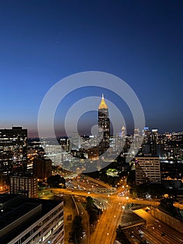 Vertical shot of Atlanta skyline at night