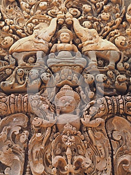 Vertical shot of Banteay Srei temple details