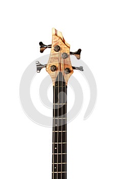 Vertical shot of a bass guitar headstock on a white background