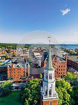Vertical shot of the beautiful architecture of Church Street in Burlington, Vermont, on a sunny day
