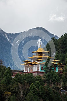 Vertical shot of a beautiful Buddhist temple among the trees in Bomi County, Nyingchi, Tibet