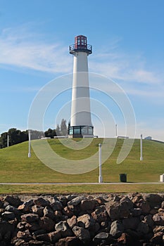 Vertical shot of a beautiful lighthouse in Long Beach Harbor, California