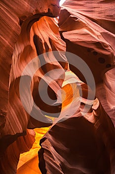 Vertical shot of beautiful rock formations in Antelope Canyon. Arizona, USA.