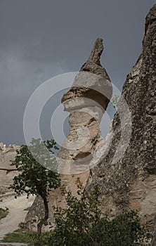 Vertical shot of a beautiful stone formations in Pasabag Valley in Cappadocia, with a stormy sky photo