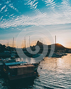 Vertical shot of the beautiful sunset view from the port of Urca, Rio de Janeiro