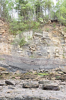 Vertical shot of a beautiful view of a rocky beach near Joggins in Cumberland County, Canada