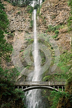 Vertical shot of the Benson Bridge over Multnomah Falls during the day