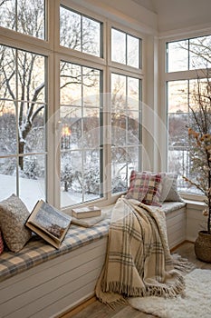 Vertical shot of big plastic windows with winter view