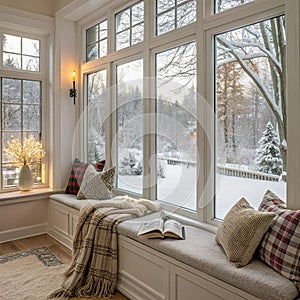 Vertical shot of big plastic windows with winter view