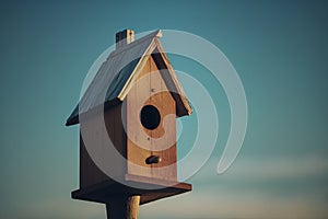 Vertical shot of birdhouse against the clear sky