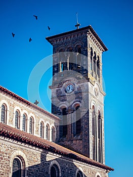 Vertical shot of birds flying over old church tower against a blue sky in Nantes, France