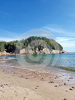 Vertical shot of Black Brook Cove Beach. Cabot Trail in Cape Breton. Nova Scotia, Canada.