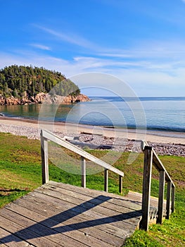 Vertical shot of Black Brook Cove Beach. Cabot Trail in Cape Breton. Nova Scotia, Canada.