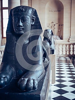 Vertical shot of a black Sphinx sculpture in the Louvre Museum