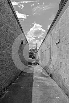 Vertical shot in black and white of an alley in Thomasville, Georgia