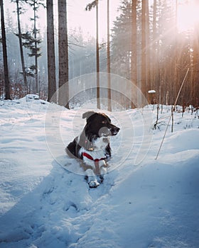 Vertical shot of border collie lying down in the snow with sun rays background