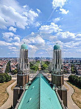 Vertical shot of Brussels with two towers of the Koekelberg basilica