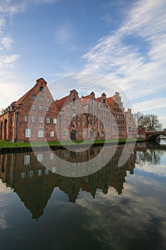 Vertical shot of the buildings of the Hanseatic City of Lubeck, in German